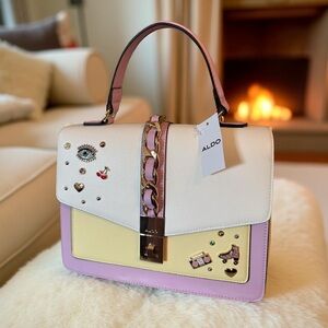 ALDO NWT Cream Pink & Yellow Satchel with Gold Accents & Charms (P173)